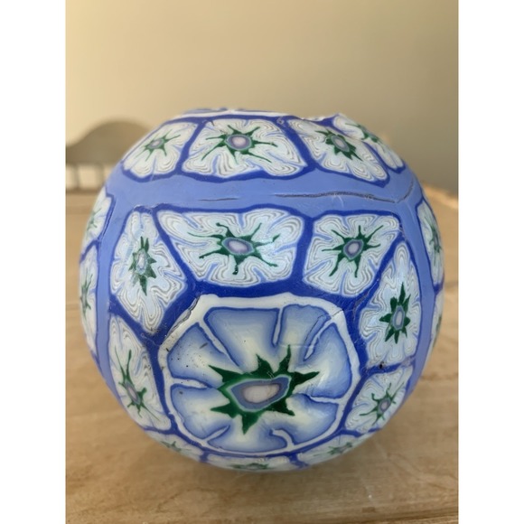 The Unbranded Brand Other - Millefiori Blue Floral Decorative Wax Ball Candle Single Wick Glow Vintage New